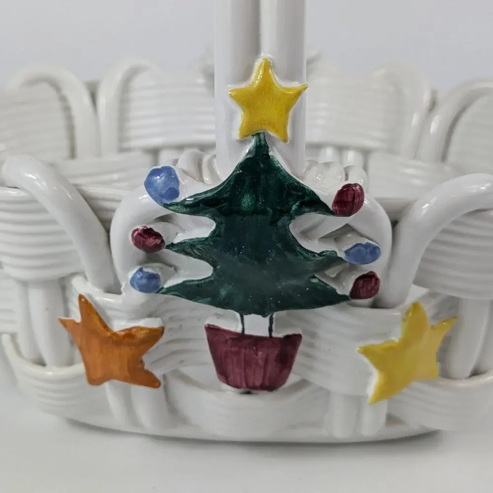Handmade Italian Fused Glass Christmas Basket Veitri White Centerpiece Holiday